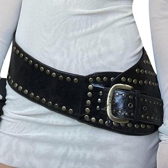 Black Wide Studded Leather Belt Waist Cinch Belt with Antique Gold Buckle - Picture 5 of 9